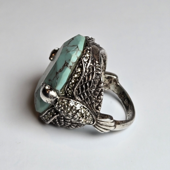 Fossil Chunky Statement Silver Tone Rhinestone Birds Turquoise Color Ring Sz 8 - Picture 3 of 12